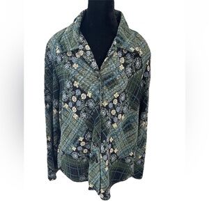 Coldwater Creek 1990s black floral whimsigoth ladies tunic button up size 1X